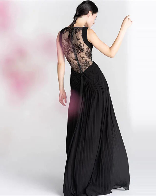 Deep V Neck Sheer Lace Back Prom Dresses Chiffon Pleated
