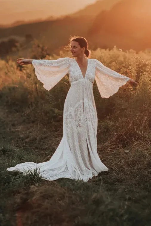 Deep V Neck Wedding Dress Lace Wedding Dress Boho Wedding Dress Elopment Dress Romantic Wedding Dress