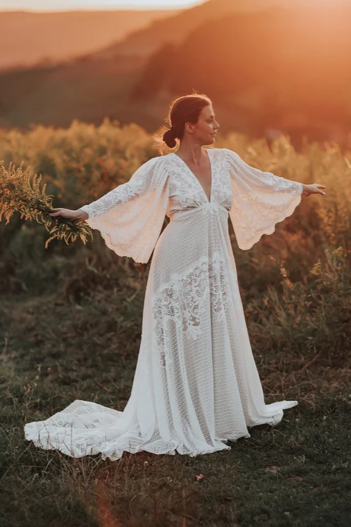 Deep V Neck Wedding Dress Lace Wedding Dress Boho Wedding Dress Elopment Dress Romantic Wedding Dress
