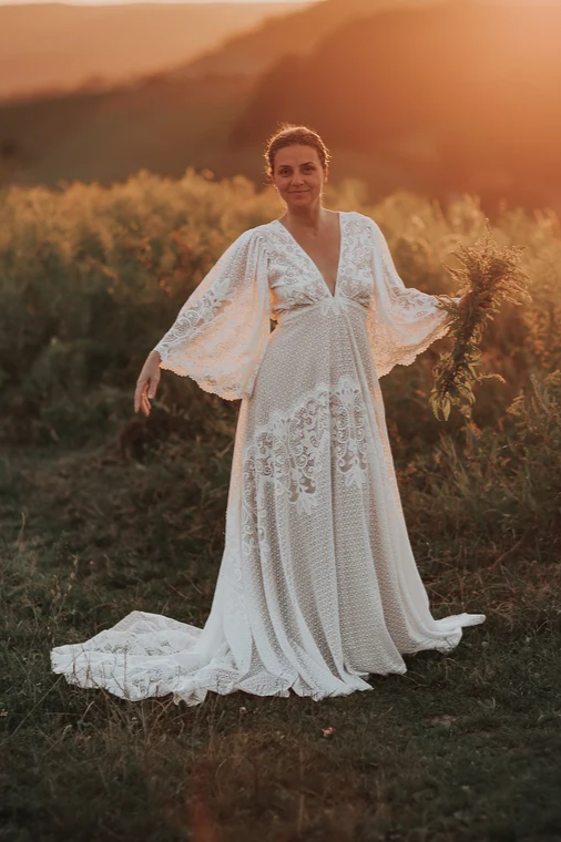 Deep V Neck Wedding Dress Lace Wedding Dress Boho Wedding Dress Elopment Dress Romantic Wedding Dress