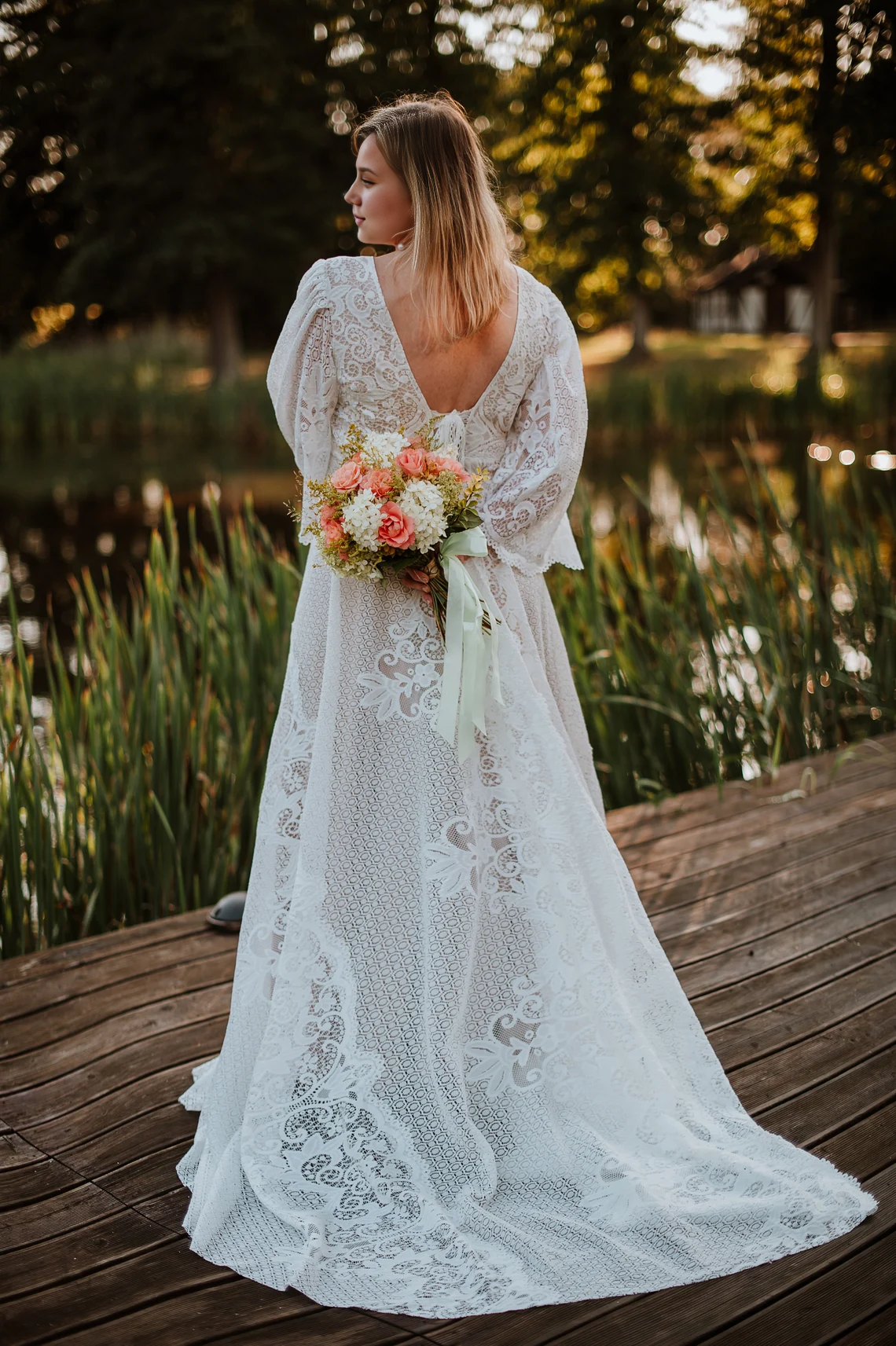 Deep V Neck Wedding Dress Lace Wedding Dress Boho Wedding Dress Elopment Dress Romantic Wedding Dress
