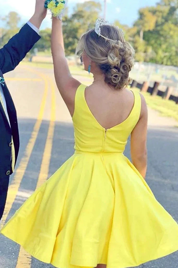 Deep V Neck Yellow Short Satin Mini Homecoming Dress Sleeveless