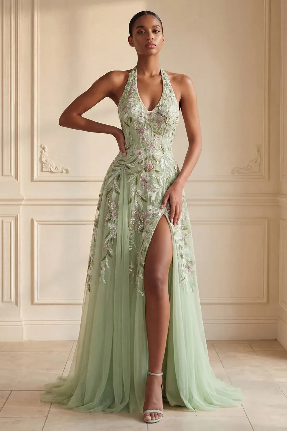 Delicate A-Line Halter Sleeveless Floral Tulle Maxi Evening Dress