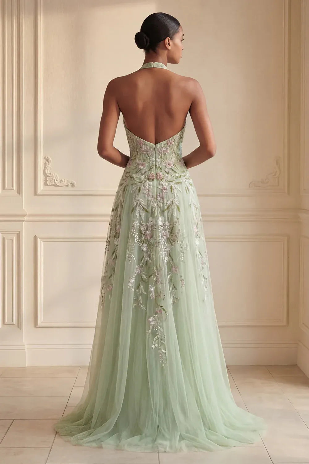 Delicate A-Line Halter Sleeveless Floral Tulle Maxi Evening Dress