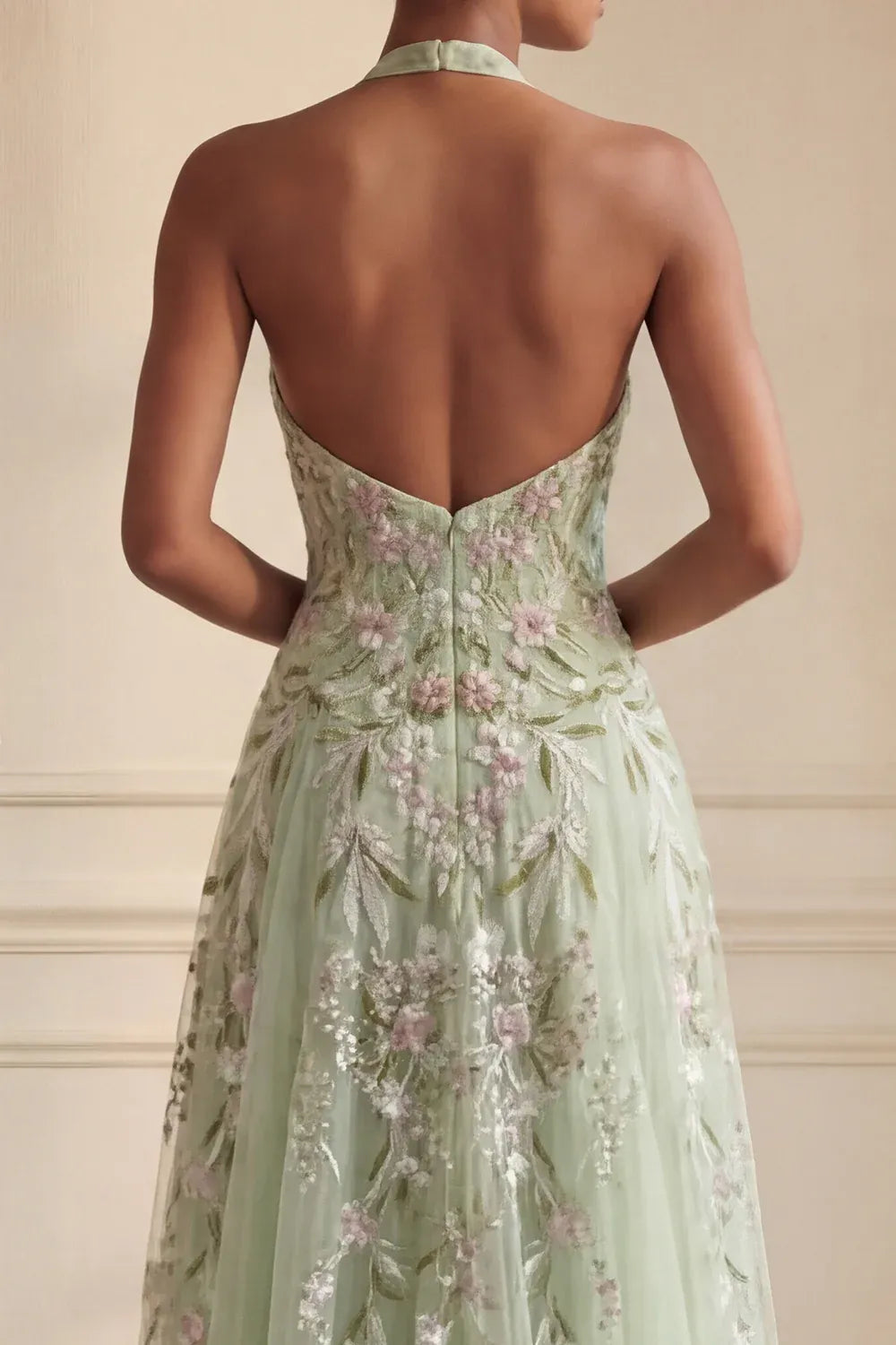 Delicate A-Line Halter Sleeveless Floral Tulle Maxi Evening Dress