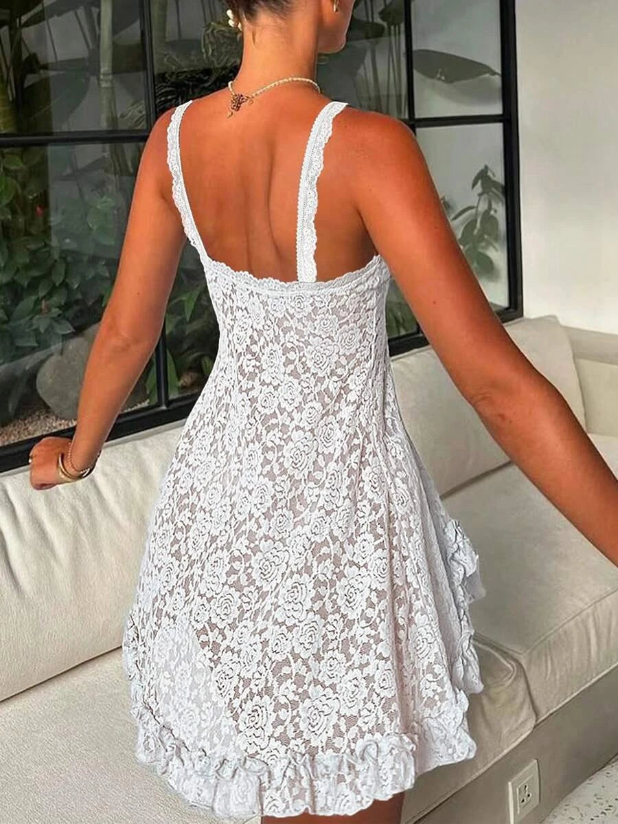 Delicate A-Line Sweetheart Ruffled Asymmetrical Floral Lace White Mini Homecoming Dress