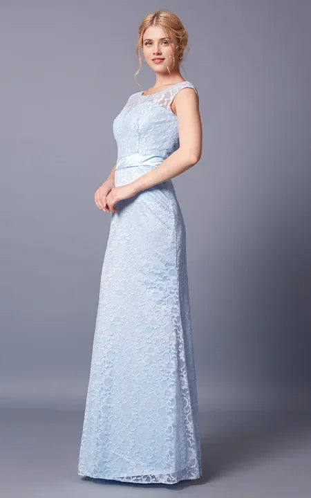 Weitese Dress/Demure Cap Sleeve Bateau Neck Long Lace Dress With Sash Deep-V Back Prom Dress/Dress For Formal