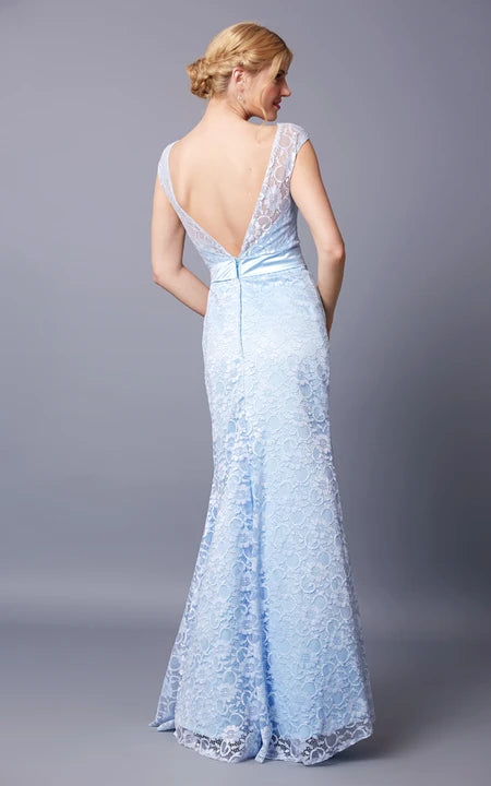 Weitese Dress/Demure Cap Sleeve Bateau Neck Long Lace Dress With Sash Deep-V Back Prom Dress/Dress For Formal