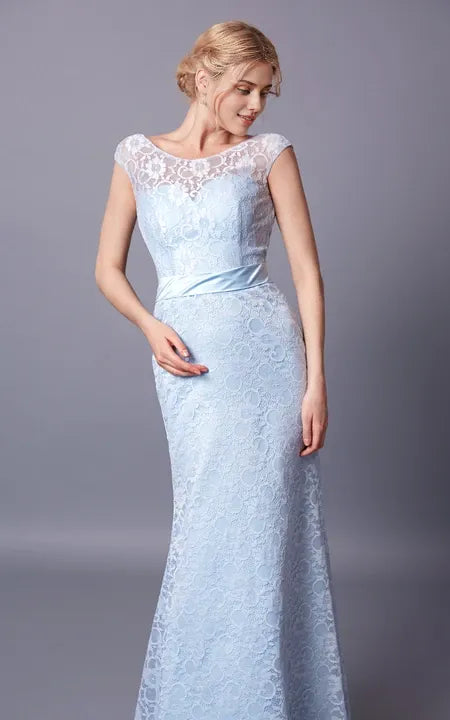 Weitese Dress/Demure Cap Sleeve Bateau Neck Long Lace Dress With Sash Deep-V Back Prom Dress/Dress For Formal