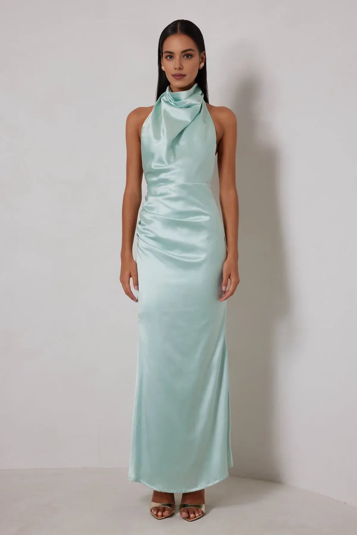 Discount Fitted High Neck Sleeveless Satin Ankle-Length Prom Dress