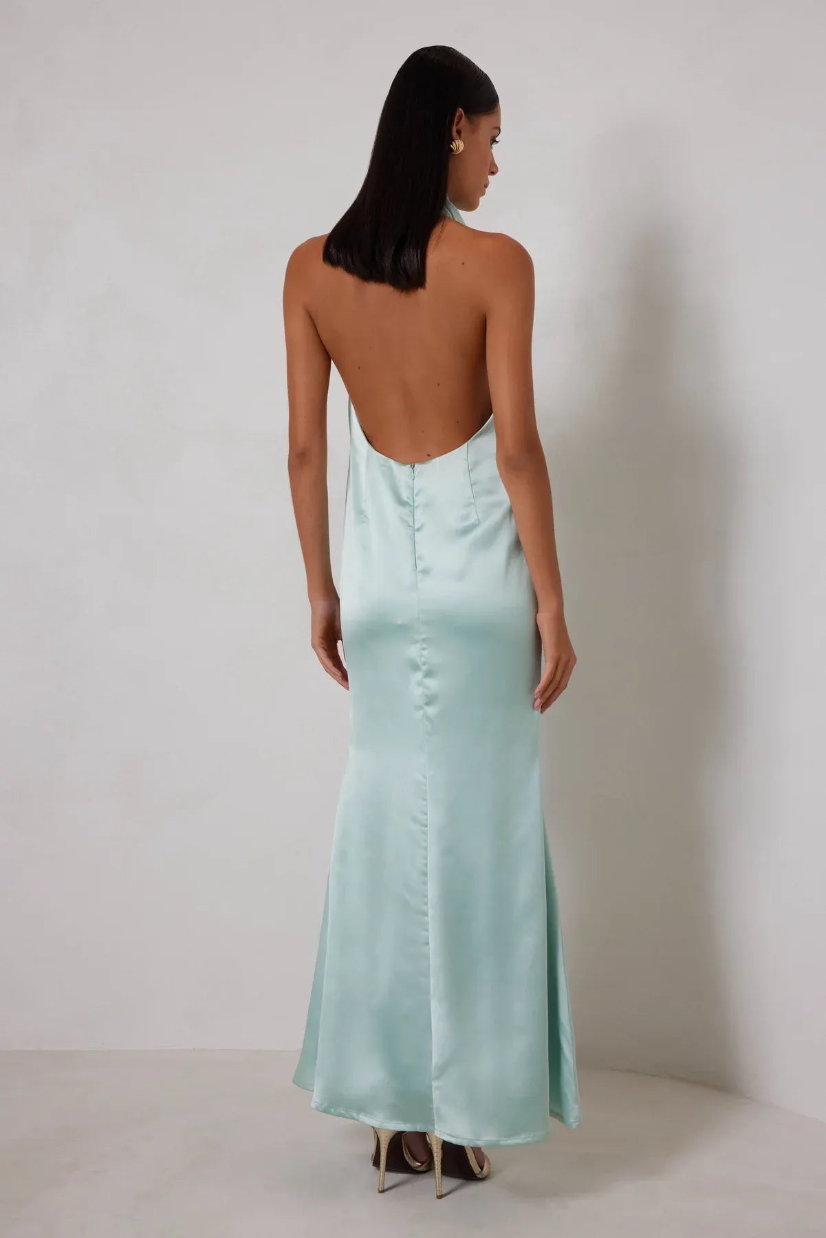 Discount Fitted High Neck Sleeveless Satin Ankle-Length Prom Dress