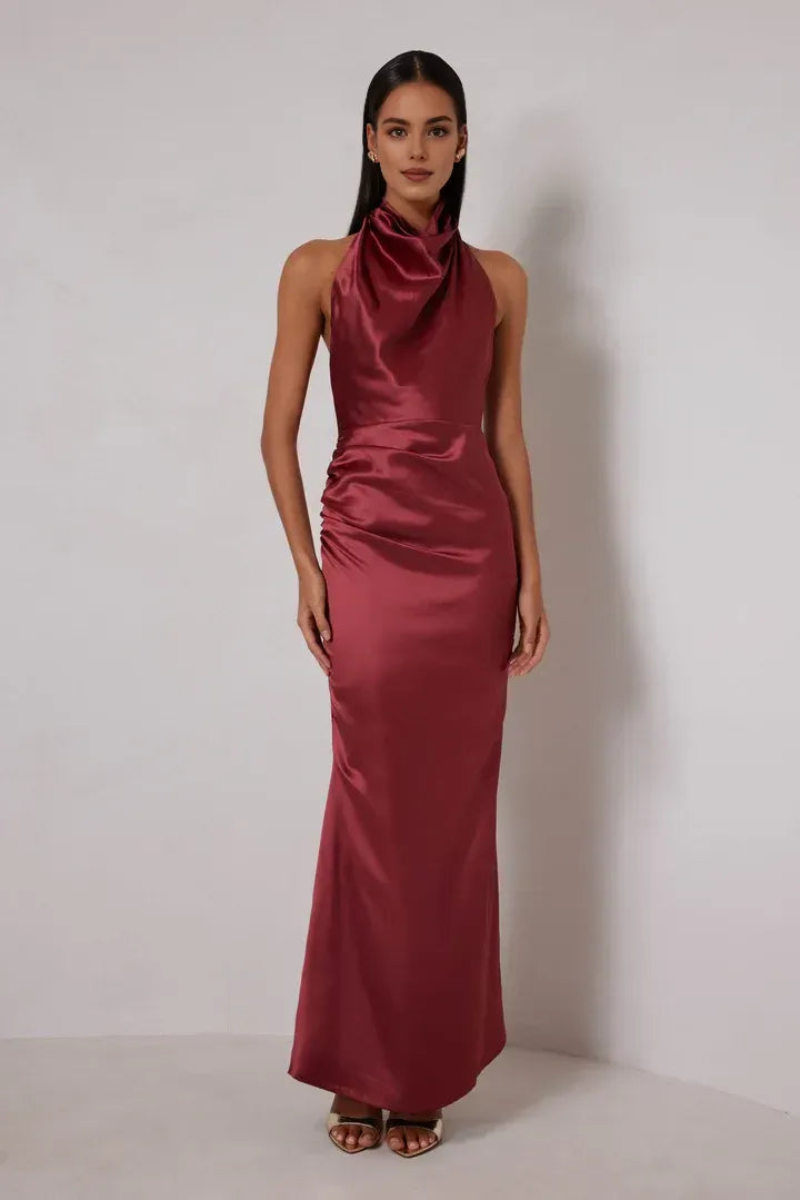 Discount Fitted High Neck Sleeveless Satin Ankle-Length Prom Dress