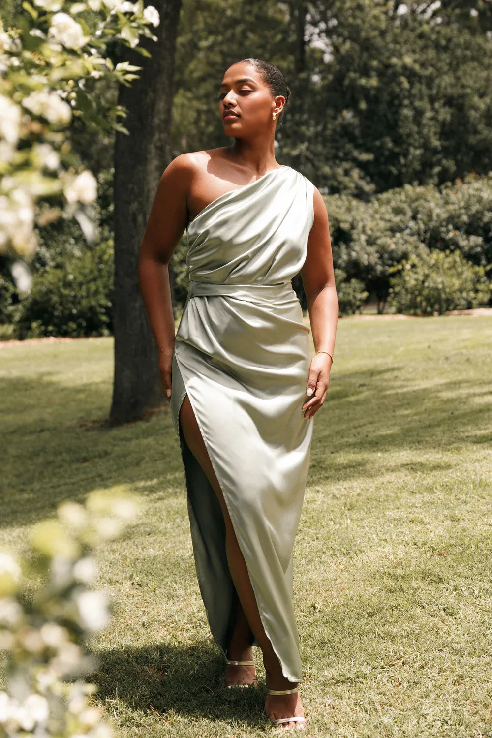 Discount Fitted One Shoulder Sleeveless Satin Ankle-Length Plus Size Prom Dress