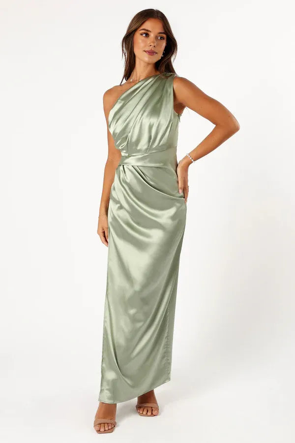 Discount Fitted One Shoulder Sleeveless Satin Ankle-Length Prom Dress