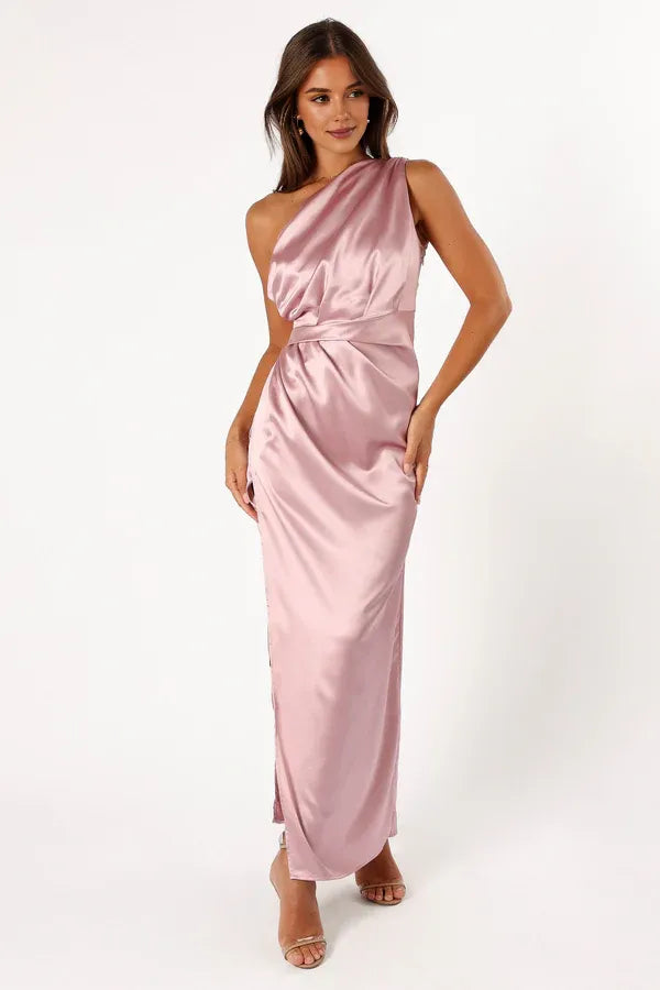 Discount Fitted One Shoulder Sleeveless Satin Ankle-Length Prom Dress