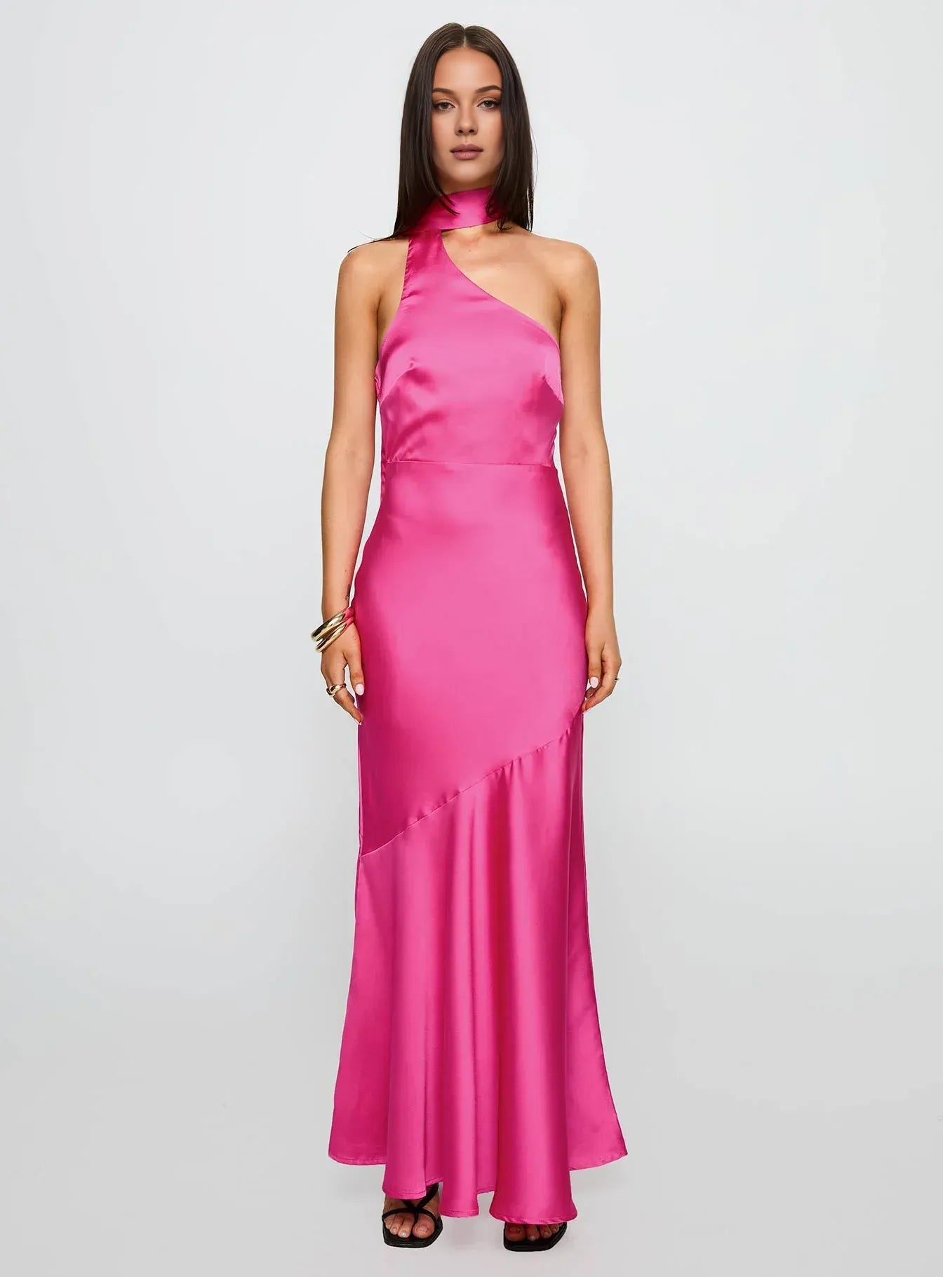 Discount Fitted Scarf Neck Sleeveless Satin Floor-Length Prom Dress