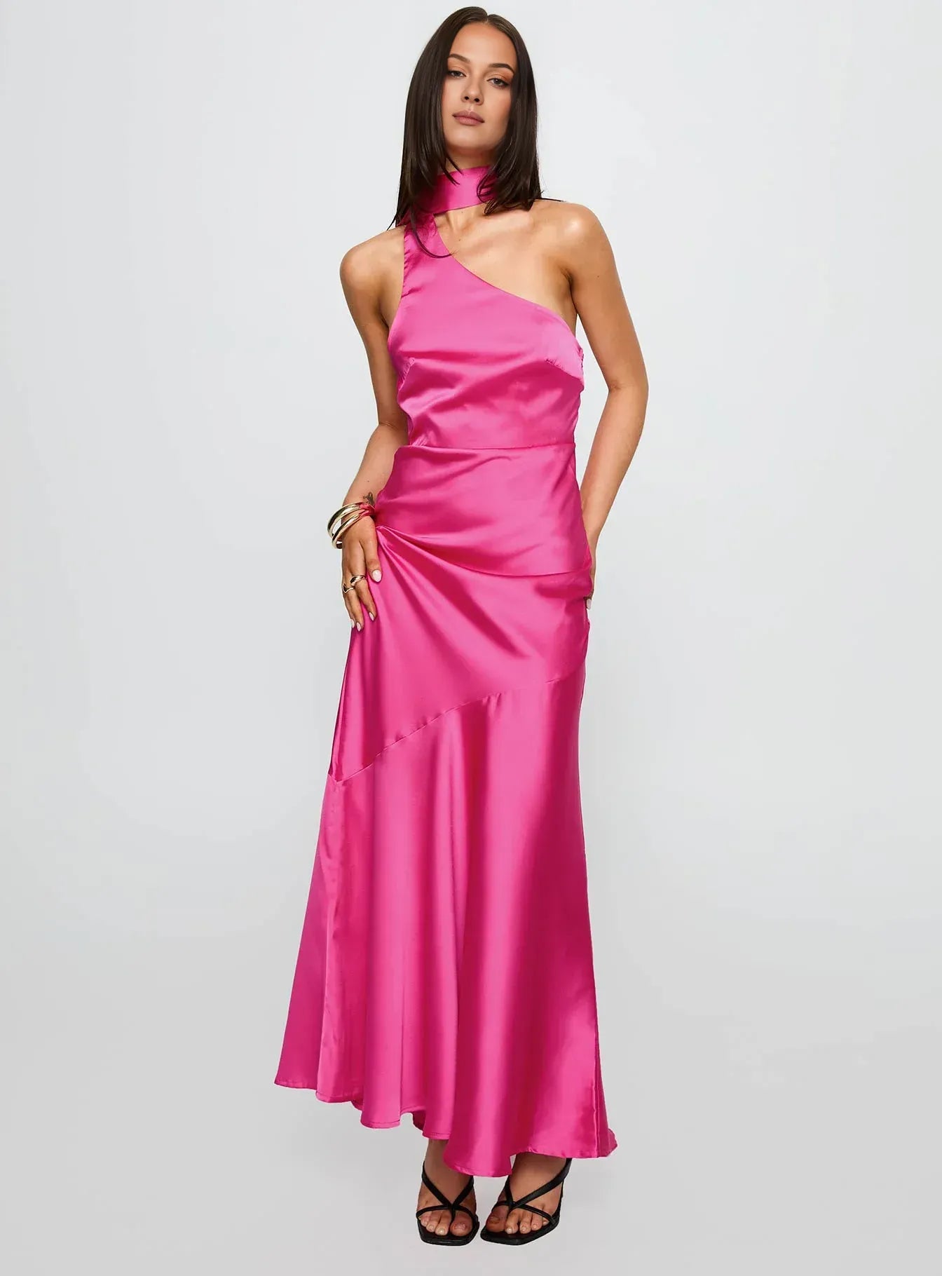 Discount Fitted Scarf Neck Sleeveless Satin Floor-Length Prom Dress