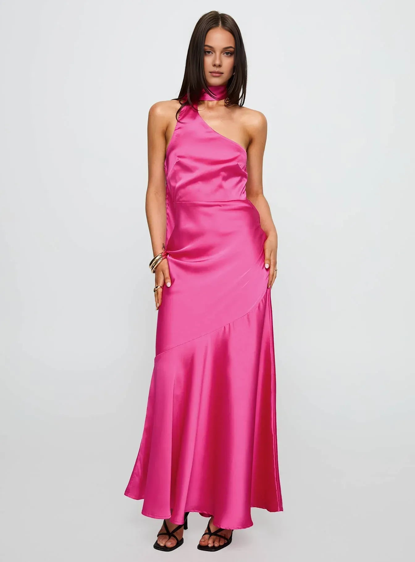 Discount Fitted Scarf Neck Sleeveless Satin Floor-Length Prom Dress