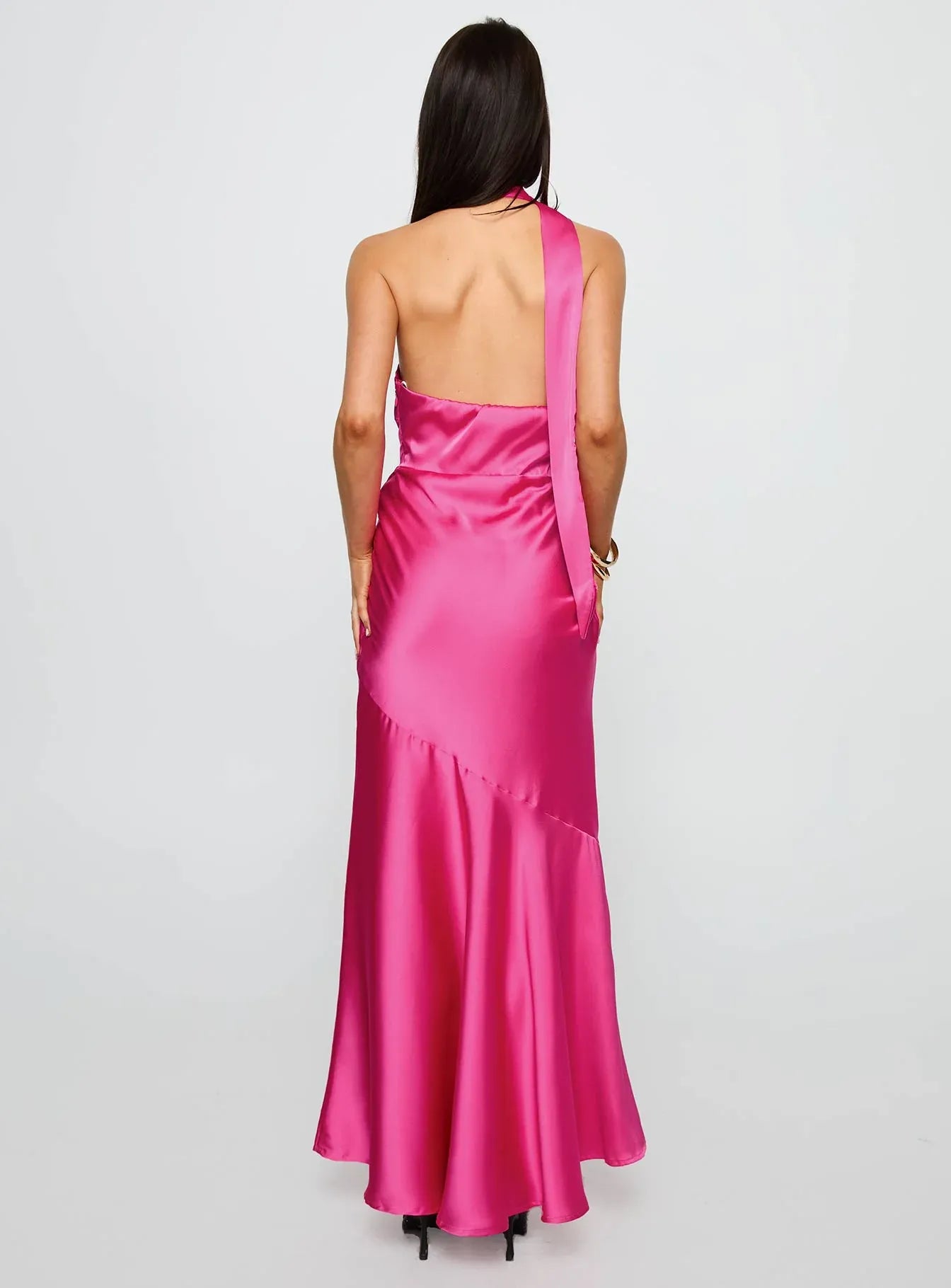 Discount Fitted Scarf Neck Sleeveless Satin Floor-Length Prom Dress