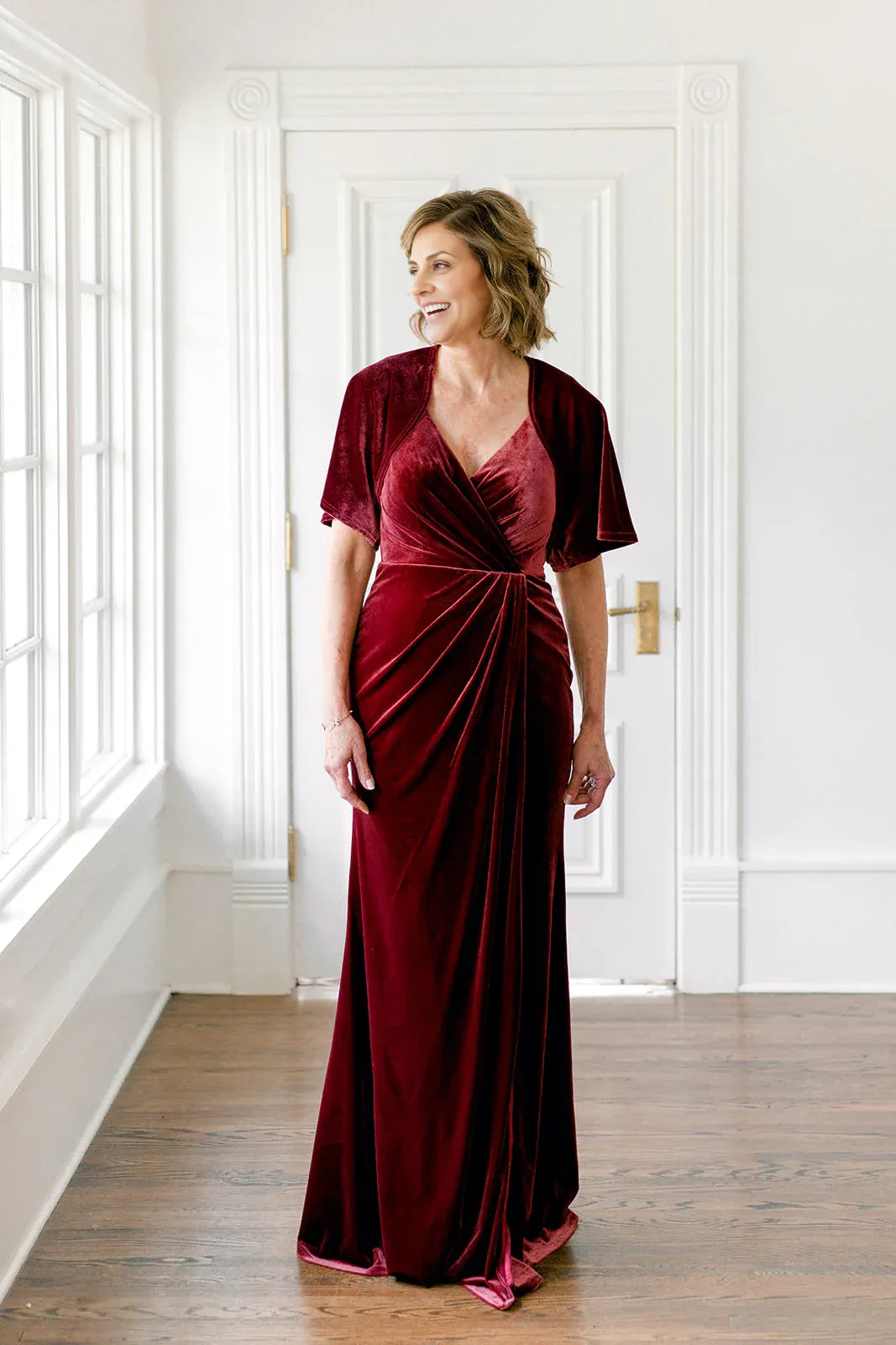 Discount Fitted V Neck Short Sleeve Velvet Floor-Length Prom Dress