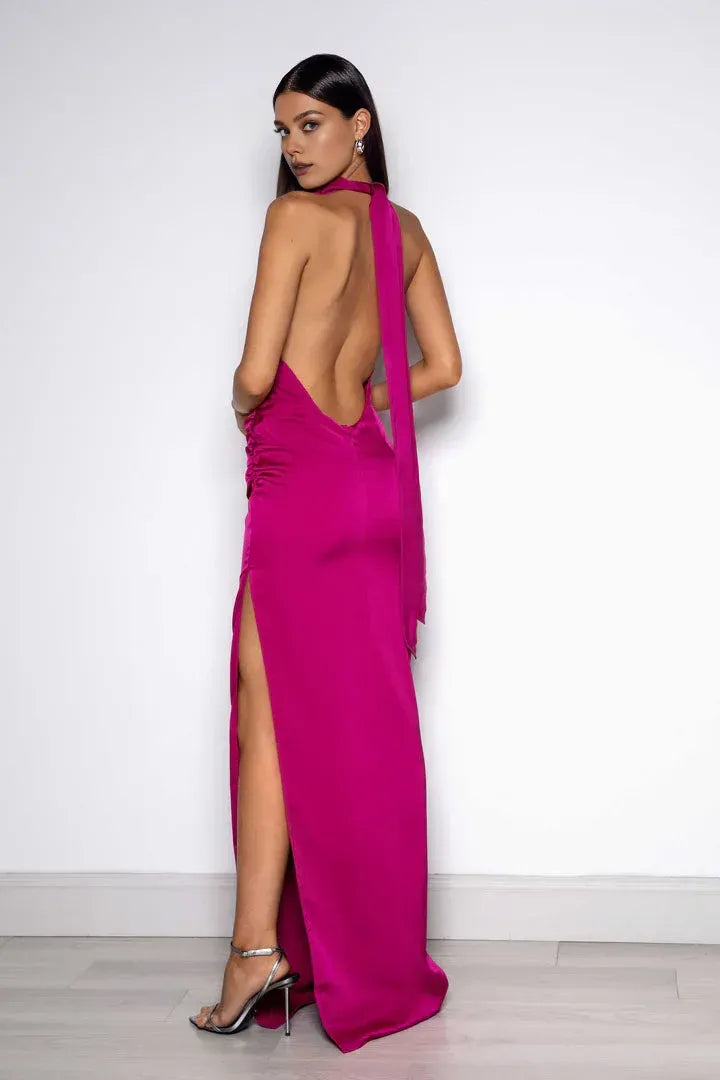 Discount Sheath/Column High Neck Sleeveless Satin Floor-Length Prom Dress