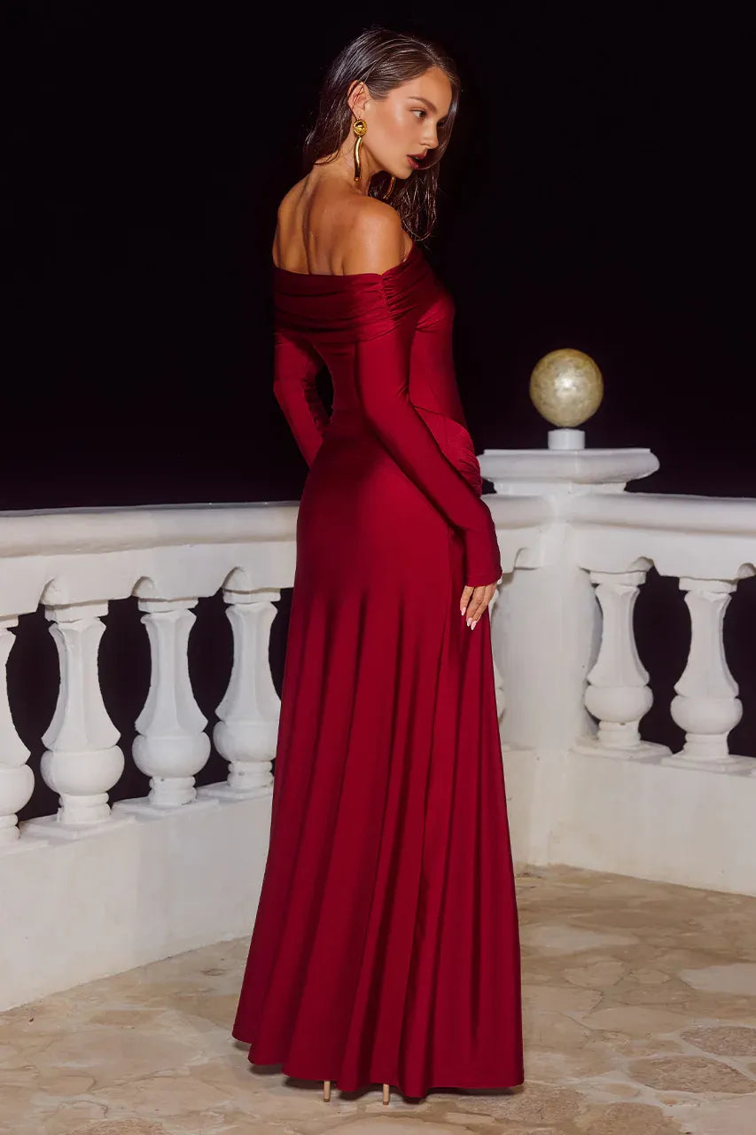 Discount Sheath Off the Shoulder Long Sleeve Backless Satin Floor-Length Prom Dress
