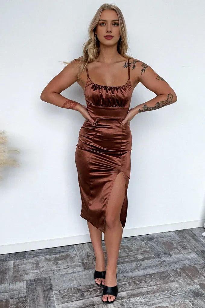 Discount Sheath Spaghetti Straps Sleeveless Pleated Backless Satin Tea Length Prom Dress