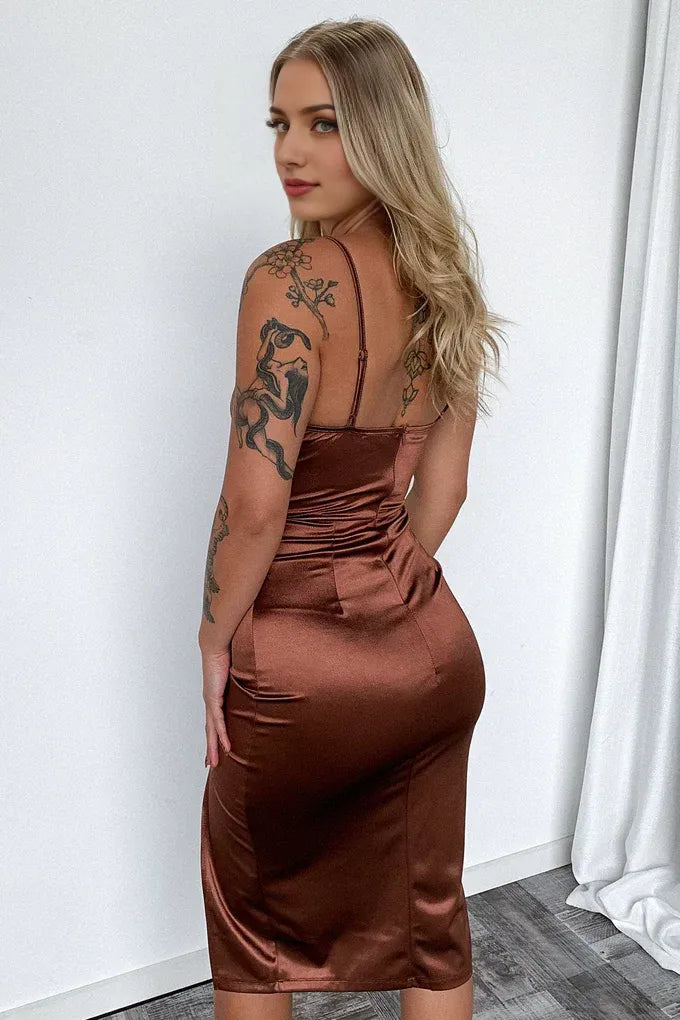 Discount Sheath Spaghetti Straps Sleeveless Pleated Backless Satin Tea Length Prom Dress