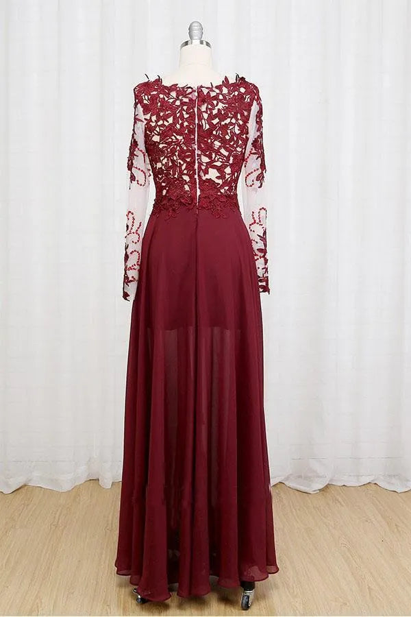 Dramatic A-Line V Neck Long Sleeve Lace Chiffon Maxi Prom Dress with Slit
