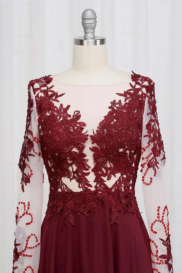Dramatic A-Line V Neck Long Sleeve Lace Chiffon Maxi Prom Dress with Slit
