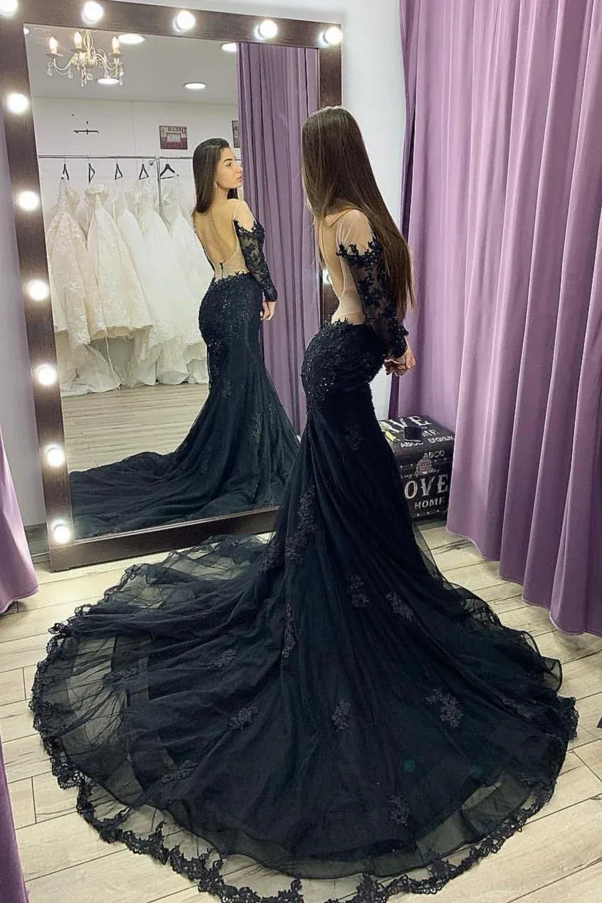 Dramatic Mermaid Off Shoulder Long Sleeve Lace Beaded Tulle Maxi Prom Dress