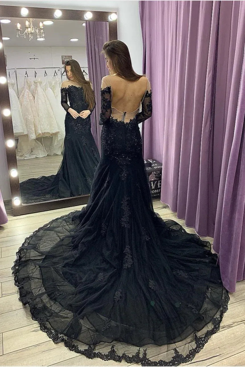 Dramatic Mermaid Off Shoulder Long Sleeve Lace Beaded Tulle Maxi Prom Dress