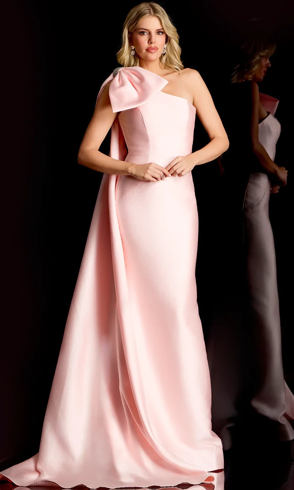 Dramatic Sheath One-Shoulder Satin Blush Pink Floor-Length Prom Dress With Bow Streamer