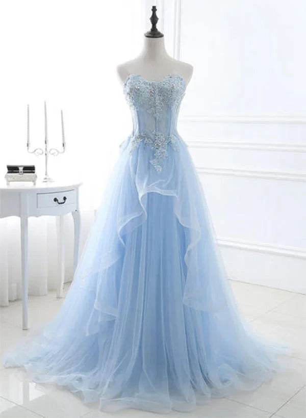 Dream A-Line Sweetheart Beaded Applique Ruffled Tulle Light Blue Floor-Length Prom Dress
