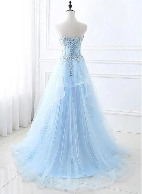 Dream A-Line Sweetheart Beaded Applique Ruffled Tulle Light Blue Floor-Length Prom Dress