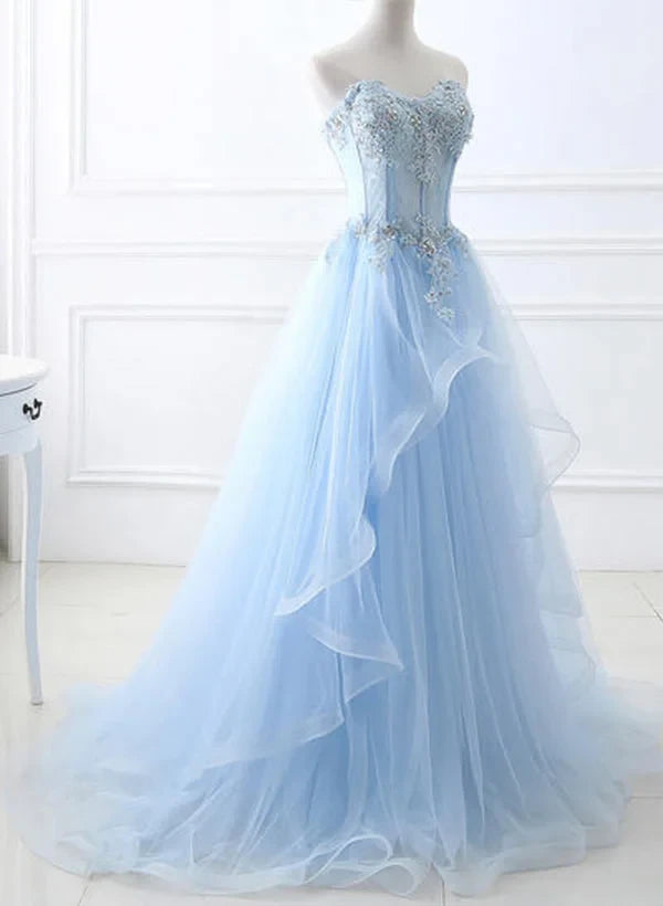Dream A-Line Sweetheart Beaded Applique Ruffled Tulle Light Blue Floor-Length Prom Dress