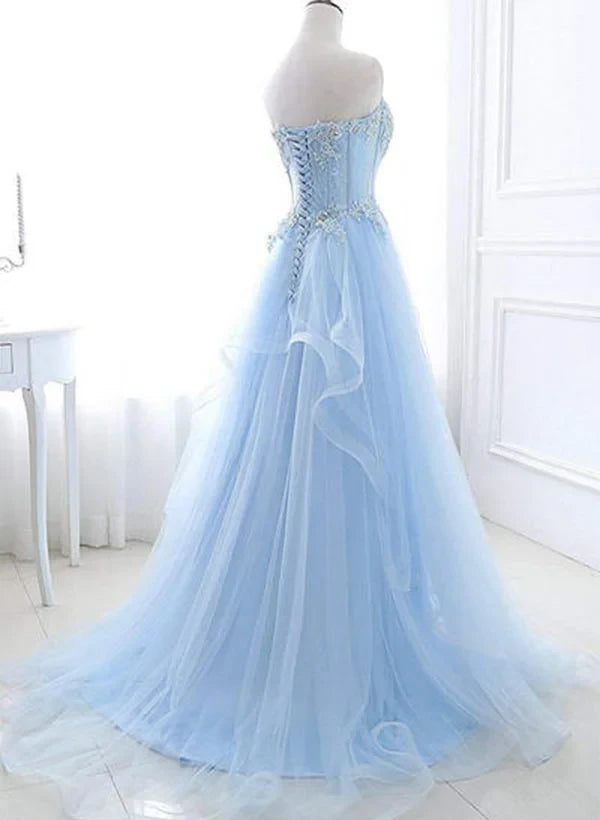 Dream A-Line Sweetheart Beaded Applique Ruffled Tulle Light Blue Floor-Length Prom Dress