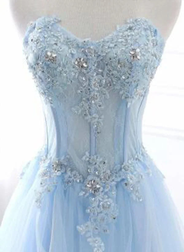 Dream A-Line Sweetheart Beaded Applique Ruffled Tulle Light Blue Floor-Length Prom Dress