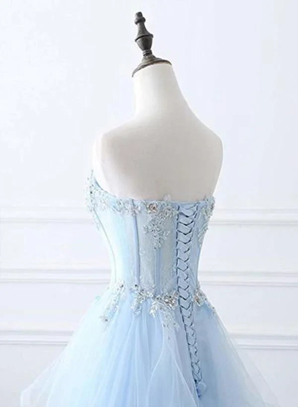Dream A-Line Sweetheart Beaded Applique Ruffled Tulle Light Blue Floor-Length Prom Dress