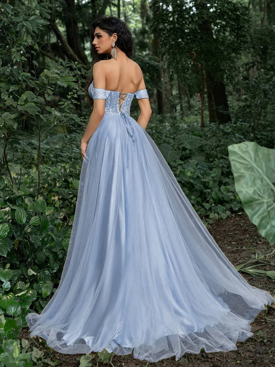Dream A-Line Sweetheart Off-Shoulder Embroidered Flowy Dusty Blue Floor-Length Prom Dress