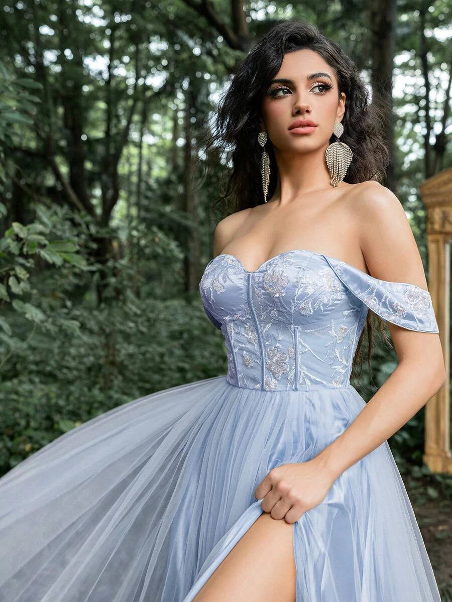 Dream A-Line Sweetheart Off-Shoulder Embroidered Flowy Dusty Blue Floor-Length Prom Dress
