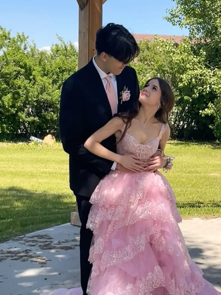 Dreamy A-Line Off Shoulder Sweetheart Corset High Slit Tiered Lace Prom Gown