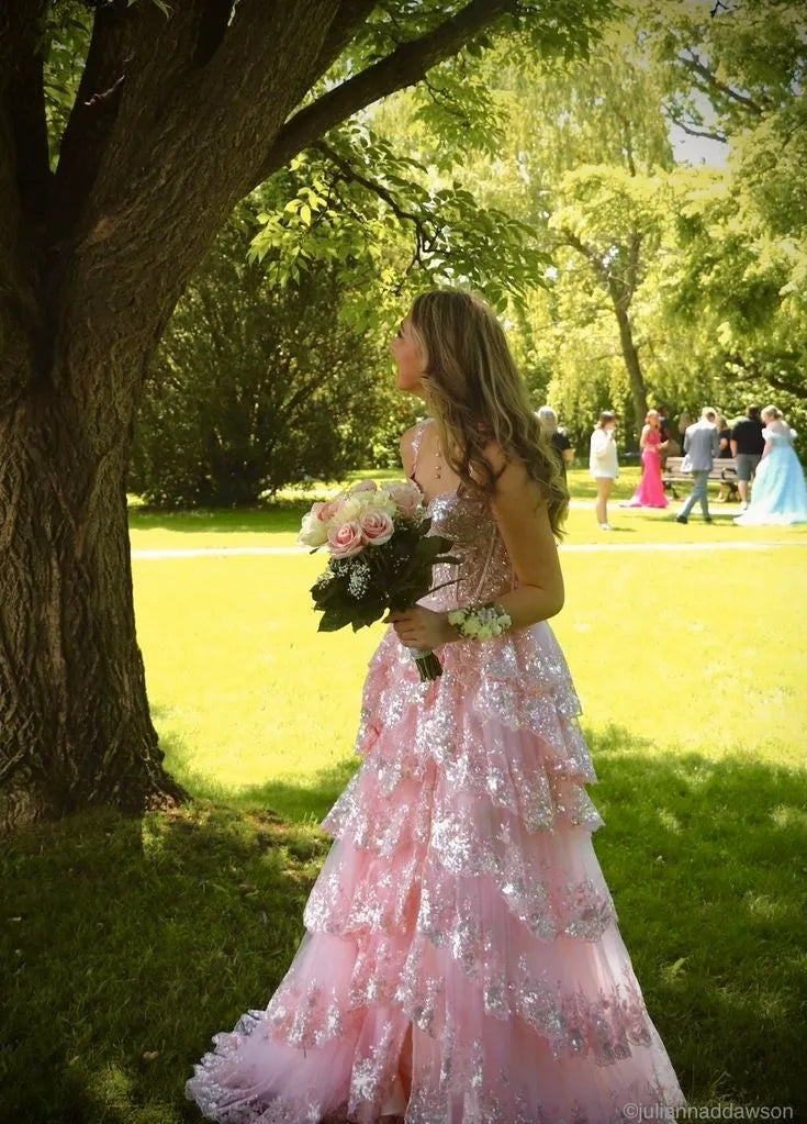 Dreamy A-Line Off Shoulder Sweetheart Corset High Slit Tiered Lace Prom Gown