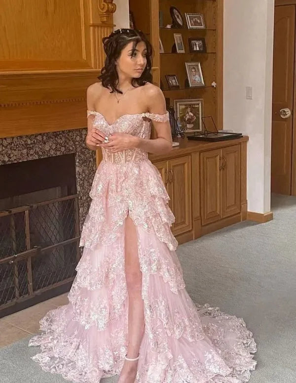 Dreamy A-Line Off Shoulder Sweetheart Corset High Slit Tiered Lace Prom Gown