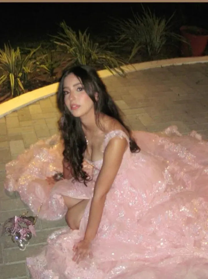 Dreamy A-Line Off Shoulder Sweetheart Corset High Slit Tiered Lace Prom Gown