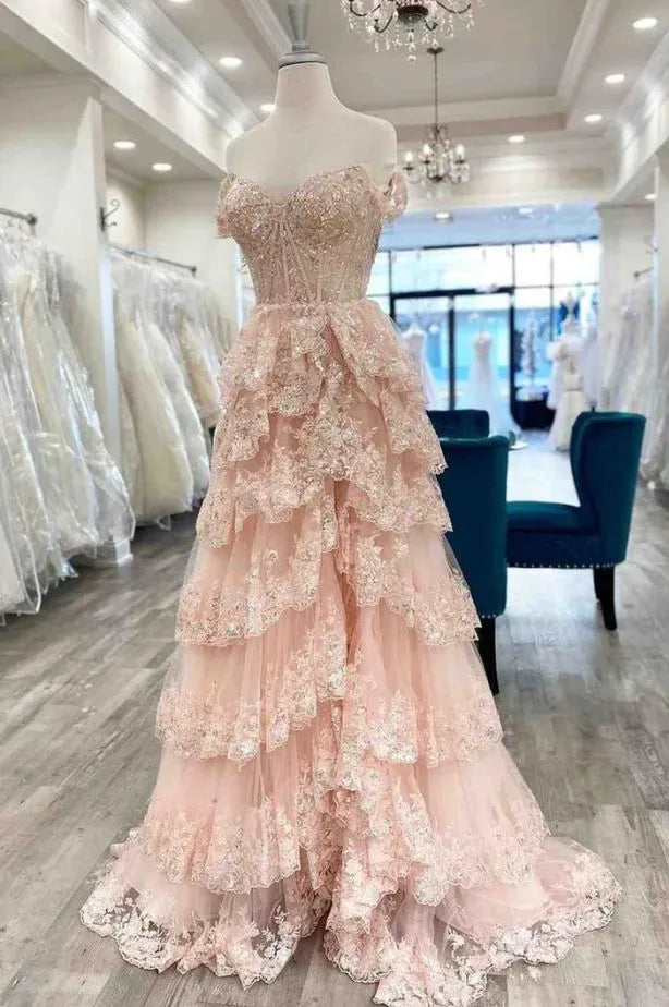 Dreamy A-Line Off Shoulder Sweetheart Corset High Slit Tiered Lace Prom Gown