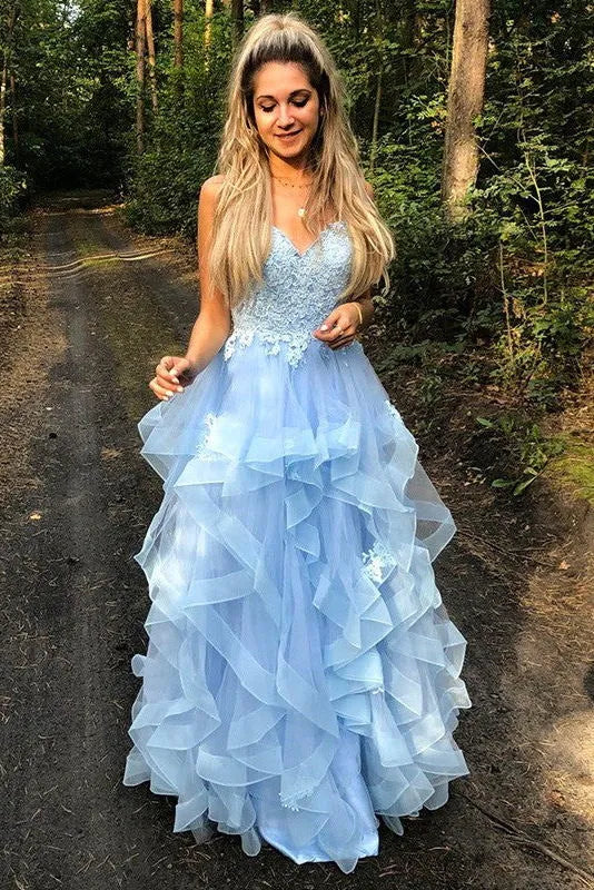 Dreamy A-Line V Neck Sleeveless Lace Ruffle Tulle Maxi Prom Dress