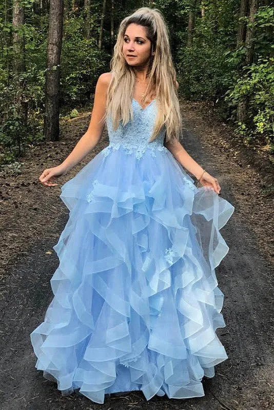Dreamy A-Line V Neck Sleeveless Lace Ruffle Tulle Maxi Prom Dress