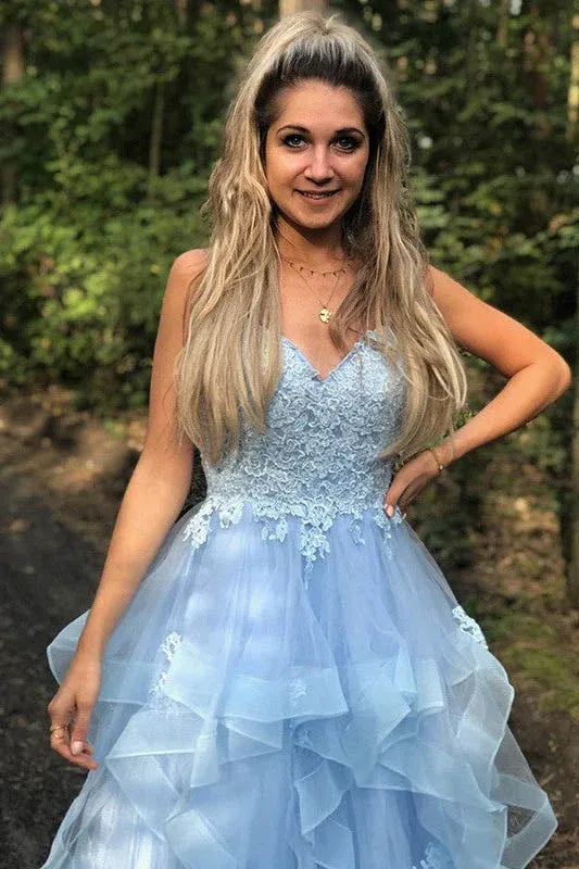 Dreamy A-Line V Neck Sleeveless Lace Ruffle Tulle Maxi Prom Dress