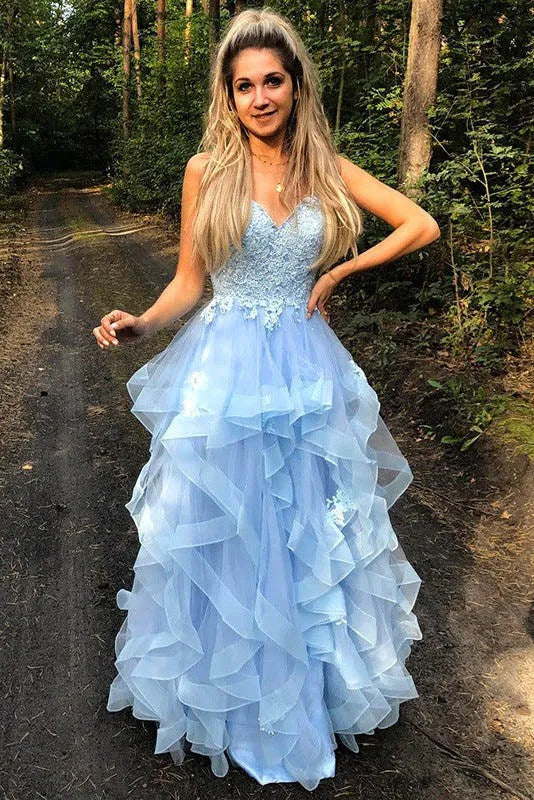 Dreamy A-Line V Neck Sleeveless Lace Ruffle Tulle Maxi Prom Dress